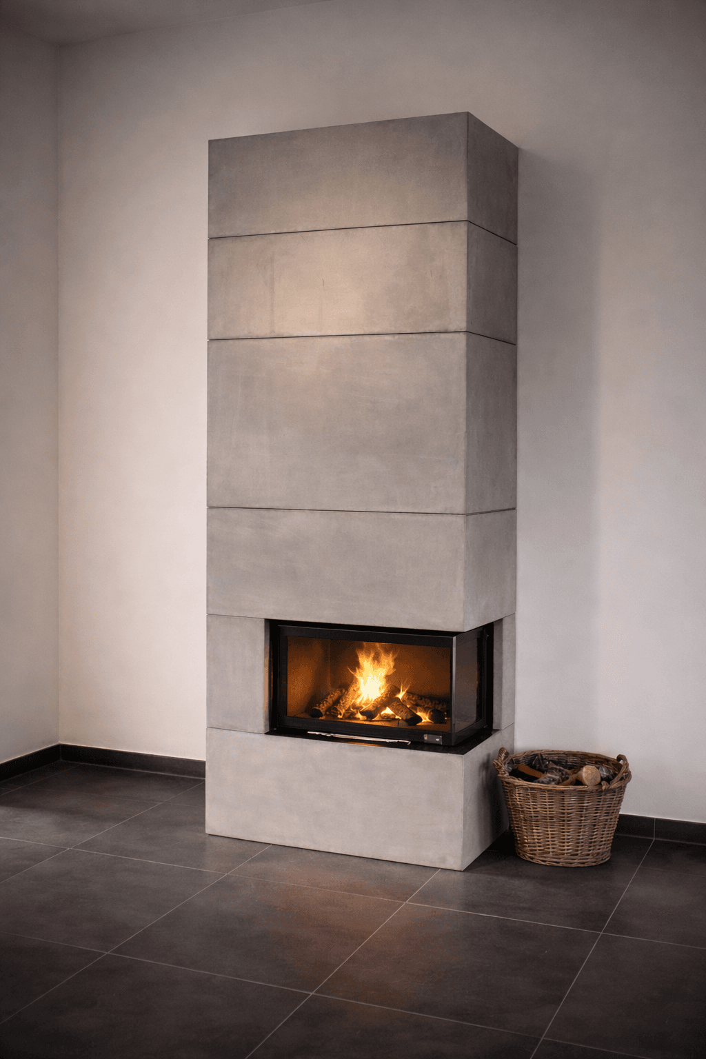 Wohnraum mit integriertem Kamin und mineralischer Oberfläche