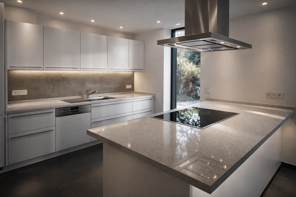 Offene Küche mit Kochinsel und Naturstein-Arbeitsplatte