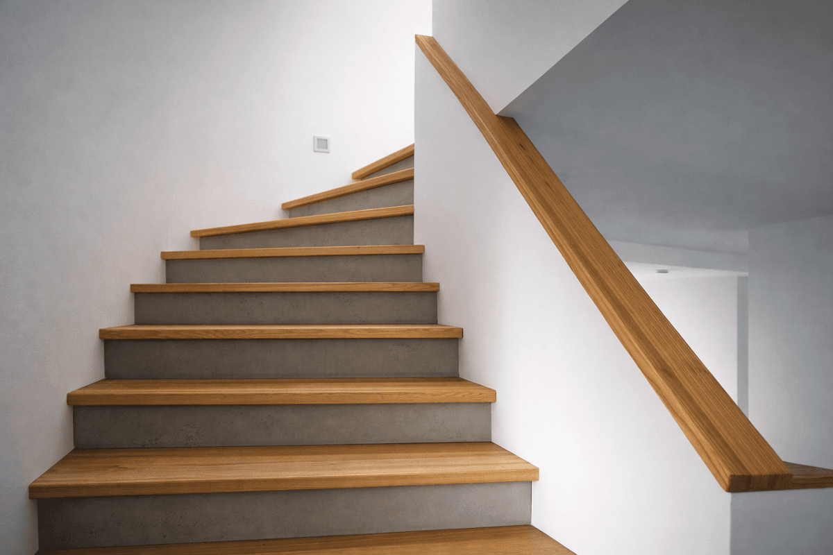 Reduziertes Treppenhaus mit Holzstufen und klarer Linienführung